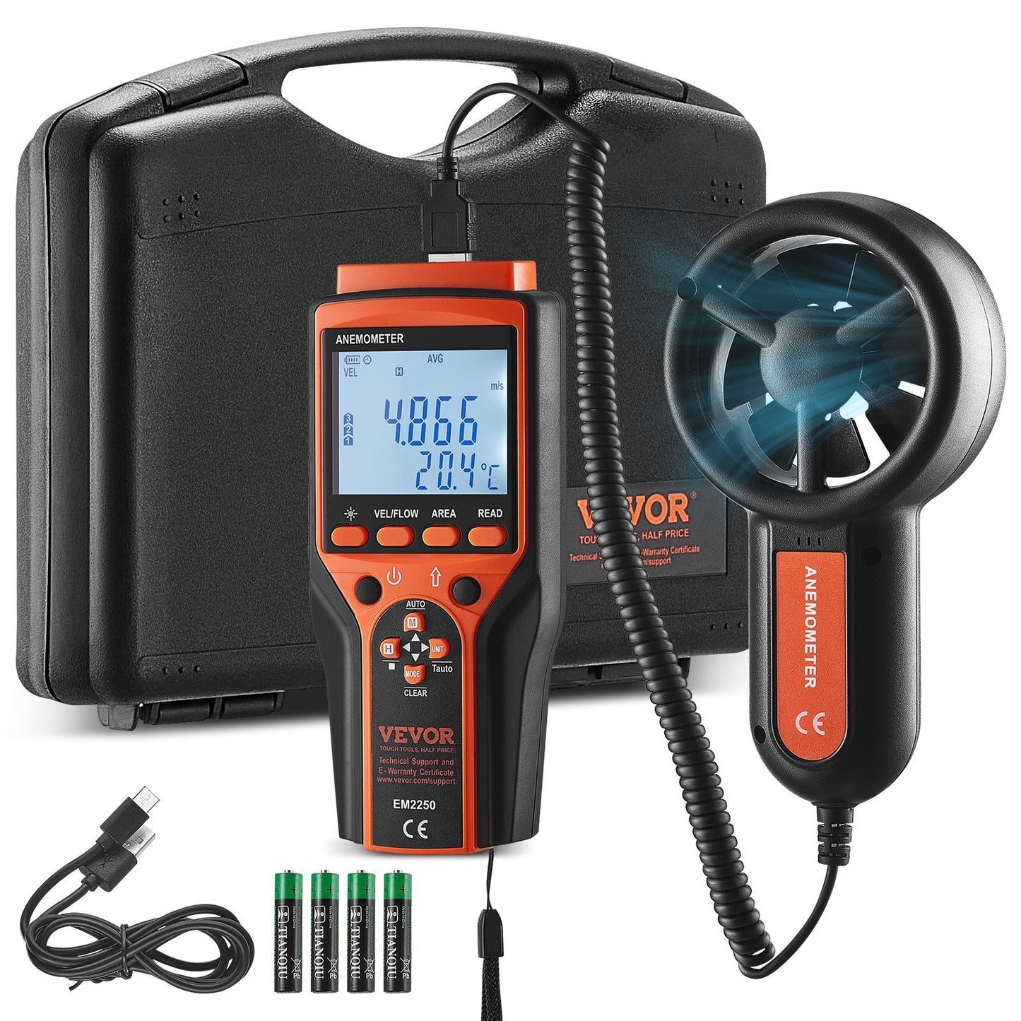VEVOR Split Handheld Anemometer, 14?F-140?F, Digital Wind Speed CFM Meter Gauge with LED Backlight Screen, Measures Wind Velocity Wind Temperature Air Flow Wind Chill, for Sailing Surfing Flying HVAC