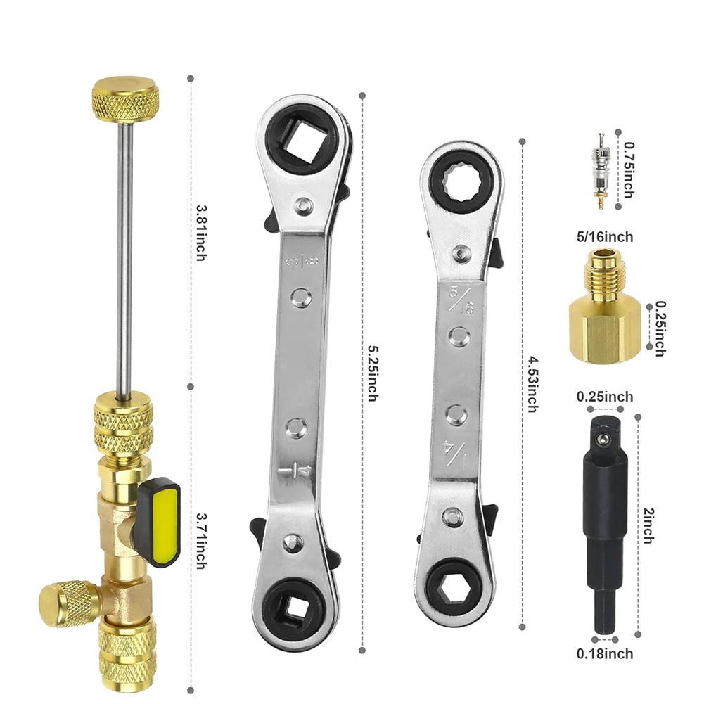 Valve Core Remover Installer Tool, HVAC Service Wrench Set With Hex Bit Adapters 3/16 Inch 1/4 Inch 5/16 Inch 3/8 Inch 4 Sizes Air Conditioning Service Wrench Kit yellow black