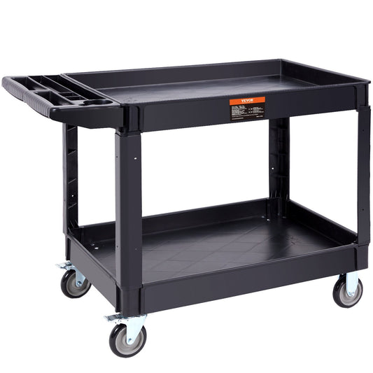 VEVOR Utility Service Cart, 2 Shelf 550LBS Heavy Duty Plastic Rolling Utility Cart with 360? Swivel Wheels (2 with Brakes), Large Lipped Shelf, Ergonomic Storage Handle for Warehouse/Garage/Cleaning