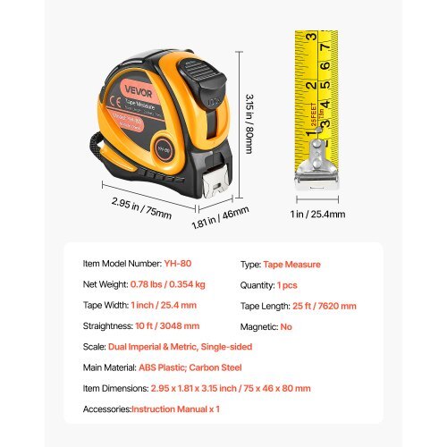 Tape Measure 25 ft Length, Measuring Tape with Retractable, Imperial and Metric ft/m Dual-Scale & ABS Case & Easy Read Steel Measurement Tool, for Outdoor,Decoration