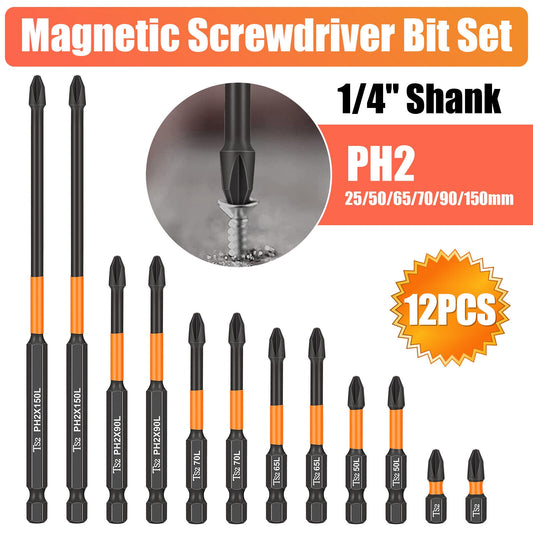 12Pcs PH2 Magnetic Screwdriver Drill Bits 1/4" Hex-Shank Strong Magnets Excellent Hardness Impact Driver Bit Set black