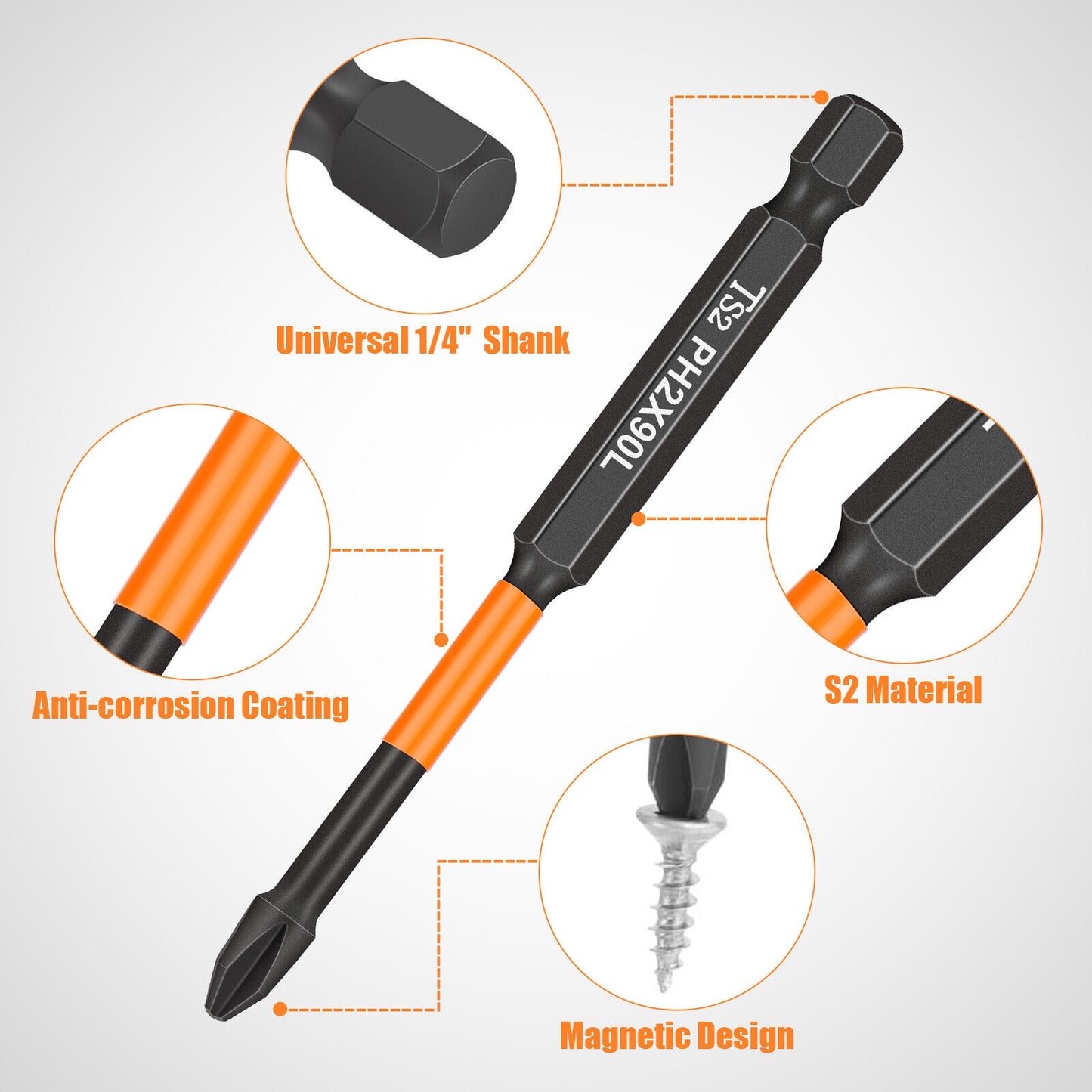 12Pcs PH2 Magnetic Screwdriver Drill Bits 1/4" Hex-Shank Strong Magnets Excellent Hardness Impact Driver Bit Set black