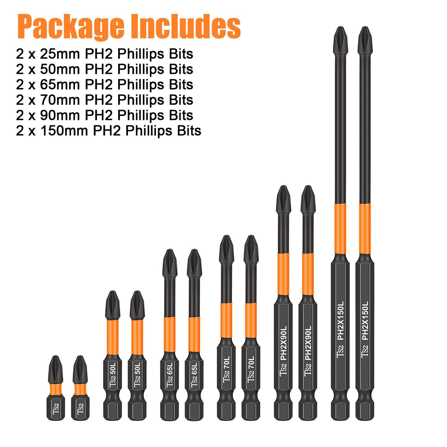 12Pcs PH2 Magnetic Screwdriver Drill Bits 1/4" Hex-Shank Strong Magnets Excellent Hardness Impact Driver Bit Set black