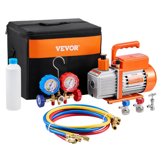 VEVOR 3.5 CFM AC Vacuum Pump and Gauge Set, Single Stage Rotary Vane HVAC Air Vacuum Pump, A/CRefrigerantManifold Gauge Kit, with Hoses, Air Conditioning Refrigeration for R134a, R12, R22, R502a