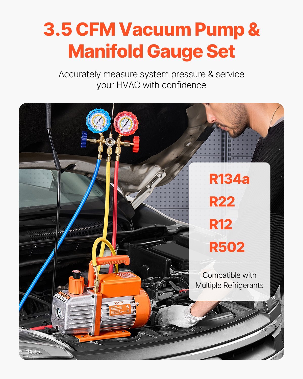 VEVOR 3.5 CFM AC Vacuum Pump and Gauge Set, Single Stage Rotary Vane HVAC Air Vacuum Pump, A/CRefrigerantManifold Gauge Kit, with Hoses, Air Conditioning Refrigeration for R134a, R12, R22, R502a